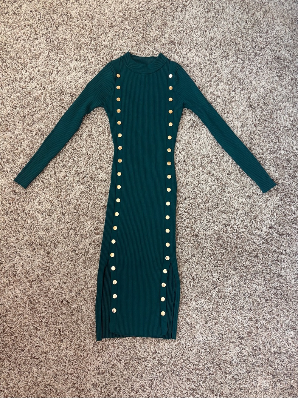 Women Emerald Green Knit Long Sleeve Bodycon dress- Gold Buttons/Dual Slits S